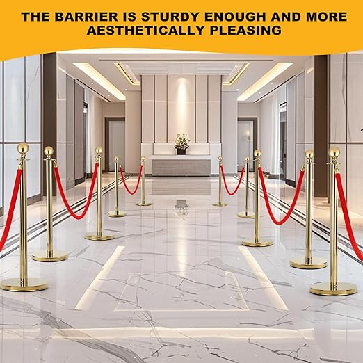 6 PCS Stainless Steel Stanchion Post,5Ft Red Velvet Rope, Hollow Base and Velvet Ropes Safety Barriers Set, Poles Crowd Control Barriers for Red Carpet Themed Decoration (6)