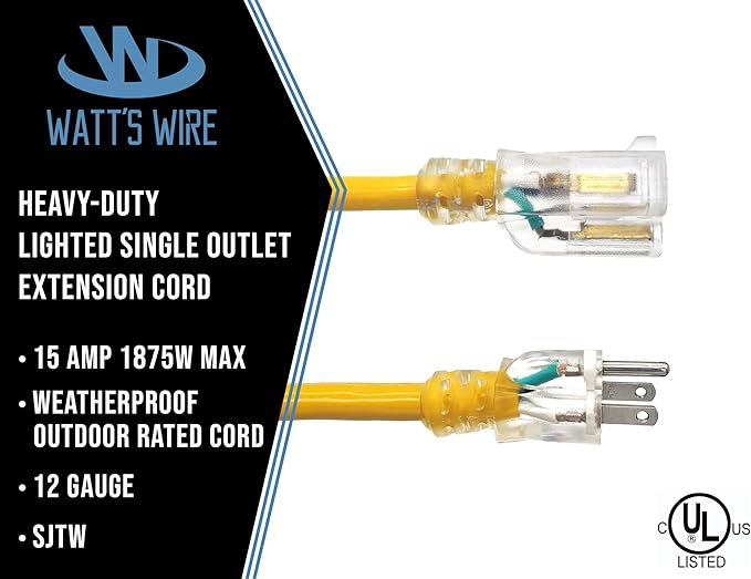 50 ft Outdoor Extension Cord Waterproof - 12 Gauge Heavy Duty Extension Cord 50 ft - Lighted Outdoor Extension Cords - Watts Wire - 50' Grounded - extensiones electricas