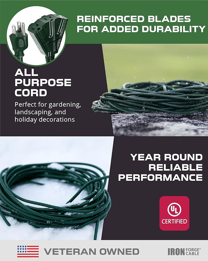 Iron Forge Cable 50ft Green Outdoor Extension Cord with 3 Outlets - 16/3 SJTW 50ft Extension Cord 3 Prong, 13 Amp All-Weather Heavy Duty Power Cable