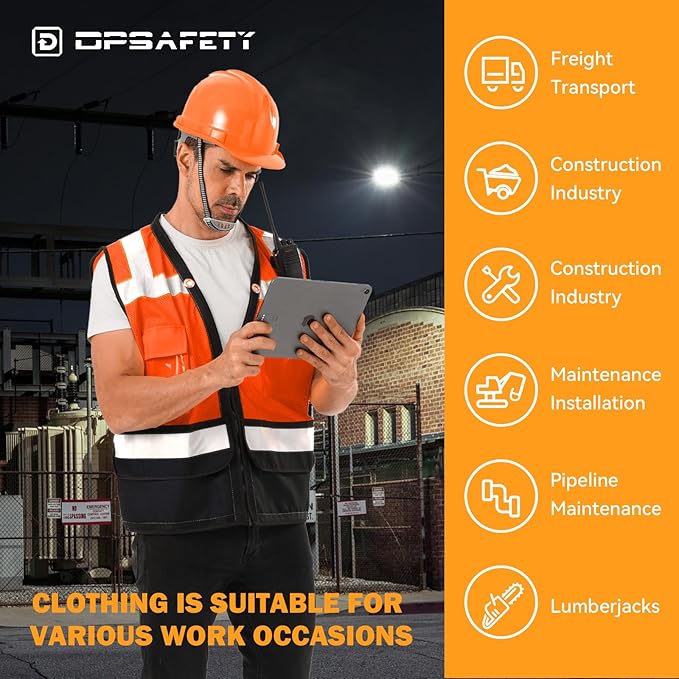 Reflective Safety vest With back plan pocket,High visibility Class 2 Heavy Duty Surveyor Vest with Zipper,Hi Vis Construction Work Vest for Men＆Women ANSI/ISEA(Orange-Bottom,L)