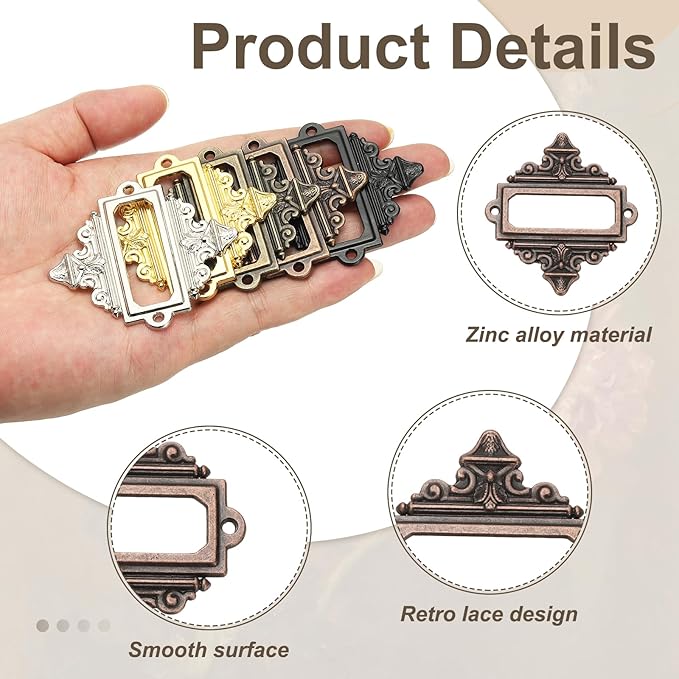 uxcell 10 Pcs Metal Label Holder, 2.2 x 2.4 Inch Small Vintage Card Frame Tag Floral Lace Label Holder with Screws for File Boxes Drawers Door Cabinet Book Shelves, Bronze Red