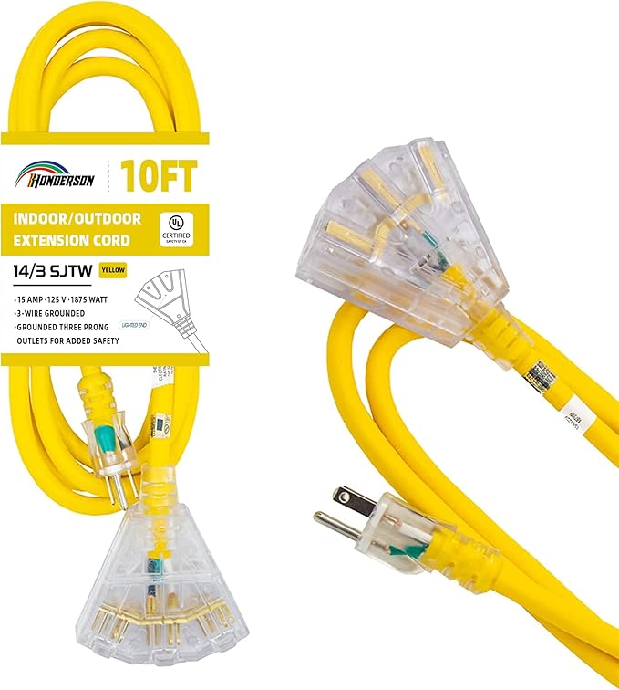 3-Outlets Indoor Outdoor Extension Cord Weatherproof with Lighted End, UL Listed, 14 Gauge 10FT Yellow 3 Prong Heavy Duty, 14/3 SJTW 15A Extension Cord