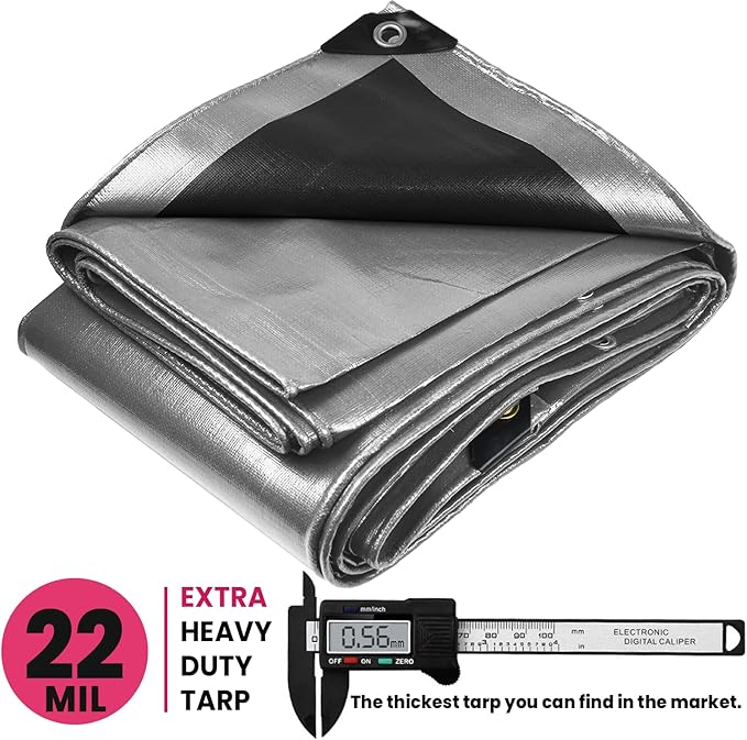 PROTARP Extreme Heavy Duty 22 Mil Tarp Cover, Waterproof, UV Resistant, Rip and Tear Proof, Poly Tarpaulin with Reinforced Edges for Roof, Camping, Patio, Pool, Boat. (Silver/Black 12′ X 16′)