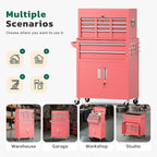 Greenvelly Tool Chest, 8-Drawer Rolling Tool Chest with Hooks and Lockable Wheels,Metal Storage Detachable Top Tool Box with Lockable Wheels for Garage,Workshop,Art Studio(Pink)