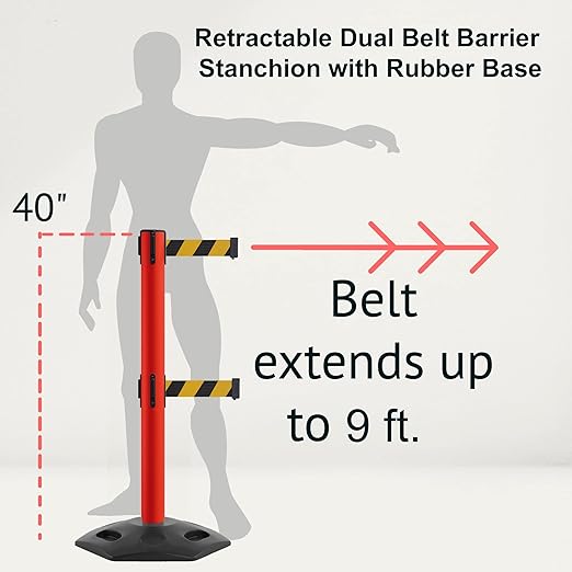 Montour Line MSR630D Set of 2 Retractable Belt Barrier Stanchion, Heavy-Duty Rubber Base, Red Post (9 ft Black with"Please Wait HERE" White Letters Dual Belt)