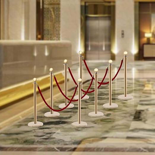 Gold Stanchions Posts, 8 Packs Stanchions Set Crowd Control Barriers with 4.9 ft Red Velvet Rope, Stanchion and Velvet Ropes Red Carpet Poles for Party Supplies