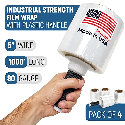 5" x 1000’ Industrial Strength Stretch Wrap, Ready to Use Pack of 4 Mini Rolls with one Handle, Clear Plastic Film, 80 Gauge Thick, 500% Elongation – Heavy-Duty Shrink Wrap for Moving, Packing