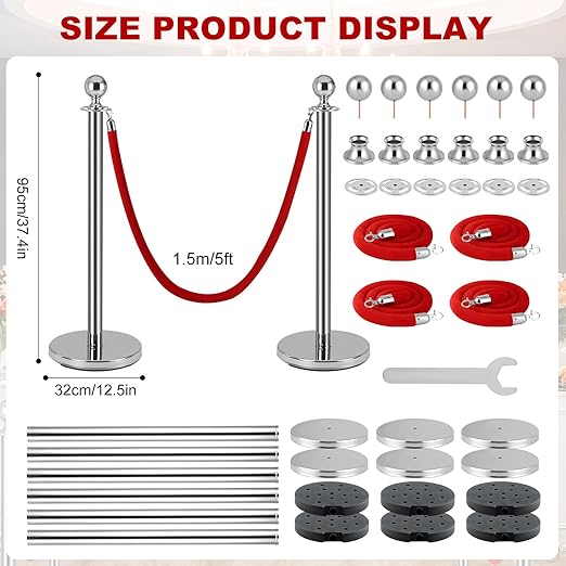 Silver Stanchion Post for Red Carpet, 6 Pack Stanchions and 4pcs Red Velvet Ropes, Fillable Plastic Base can Fill with Sand/Water, Queue Barrier Line Divider for Airport,Parties,Events,Clubs