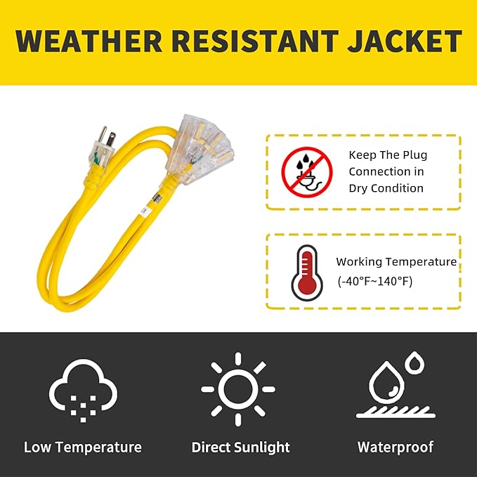 3-Outlets Indoor Outdoor Extension Cord Weatherproof with Lighted End, UL Listed, 14 Gauge 6FT Yellow 3 Prong Heavy Duty, 14/3 SJTW 15A Power Cord