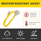 3-Outlets Indoor Outdoor Extension Cord Weatherproof with Lighted End, UL Listed, 14 Gauge 15FT Yellow 3 Prong Heavy Duty, 14/3 SJTW 15A Extension Cord