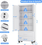 SUXXAN Rolling Storage Cabinet with 2 Doors and 2 Drawers, Heavy Duty Metal Storage Cabinet with Shelves, Locking Steel Cabinet for Warehouse, Home, Office (White)
