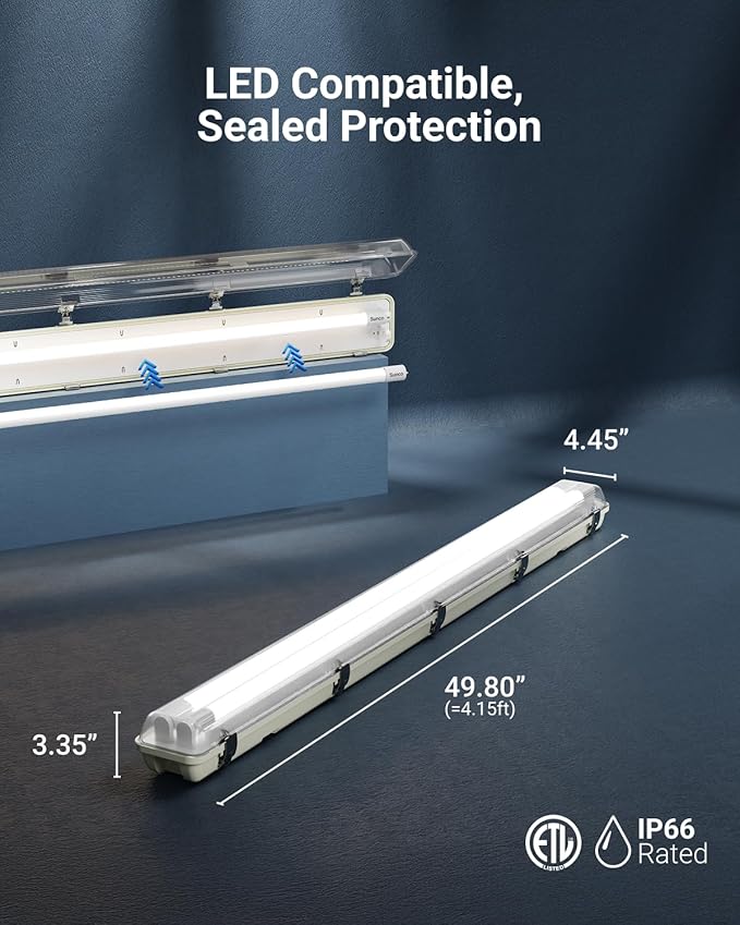 Sunco LED Ready Fixture for Garage Ceiling, 4ft Shop Lights Holds 2 LED Tube Lights, Non-Dimmable, Surface Mount, Works with Type B and Hybrid Tubes, 120-277V, Wet Rated ETL 4 Pack