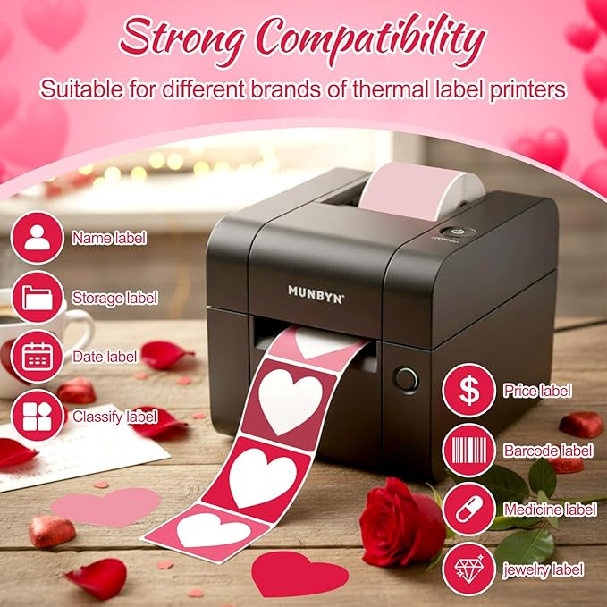 Ctosree 500 Pcs/ 1 Roll Thermal Sticker Labels Self Adhesive Direct Thermal Labels Multipurpose Printer Stickers for DIY, Name Tag(Heart,1.5 Inches,Red Gradient)