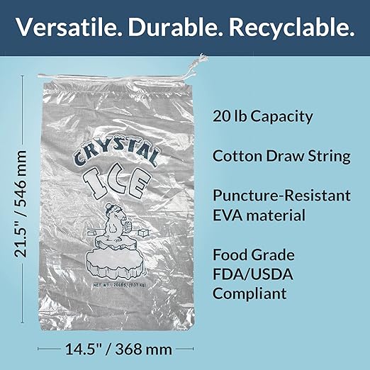 Pinnacle Mercantile 20 lb. Drawstring Ice Bags (100-Count) Heavy-Duty, Puncture-Resistant EVA | Cotton Pull Closure | Disposable, Recyclable | Portable Storage and Freezer Keeper