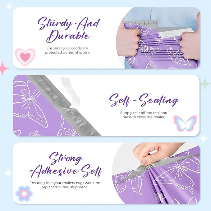 Metronic Poly Mailers 10x13 Inch 1200pc, Shipping Bags for Clothes,Self Adhesive Shipping Envelopes for Small Business,Waterproof Mailers Poly Bags for Shipping,Packaging Mailing Bags Purple Butterfly