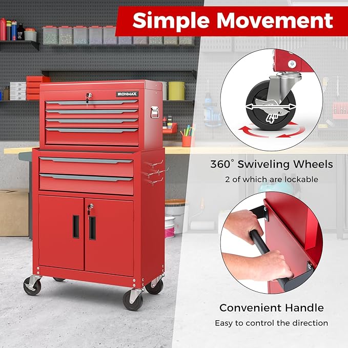 Goplus Tool Chest, 6 Drawers Extra Large Rolling Too Storage Cabinet with 4” Universal Lockable Wheels, Auto Lock, Protective Liner, 2-in-1 Heavy Duty Tool Box for Garage, Workshop