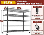 PrimeZone 5 Tier 80.7" H x 55.5" W x 24" D Wire Shelving with Wheels 3000lbs NSF Certified Storage Shelves Heavy Duty Metal Shelf Adjustable Rolling Rack Commercial Garage Restaurant Warehouse 6Pack