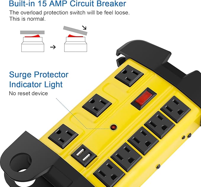 Heavy Duty Power Strip with USB, Workshop 8 Outlet Surge Protector 2700 Joules, Industrial Metal 15Amp Power Strip, 10 FT Extension Cord and Wide Spaced. Yellow