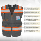 TCCFCCT Reflective Safety Vest 5 Pockets Mesh High Visibility Vest for Men Women, Hi Vis Construction Work Vest with Fluorescent Orange Edge, Durable with Reinforced Sewing, Meet ANSI/ISEA, DW-Grey, S
