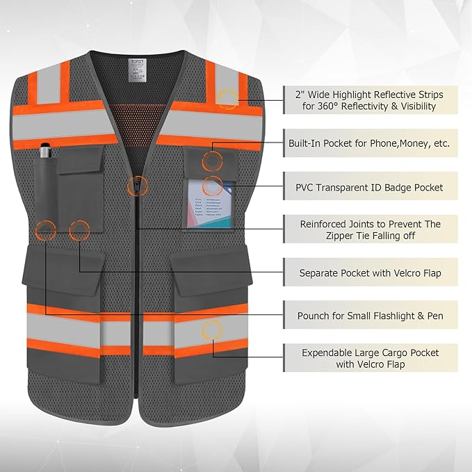TCCFCCT Reflective Safety Vest 5 Pockets Mesh High Visibility Vest for Men Women, Hi Vis Construction Work Vest with Fluorescent Orange Edge, Durable with Reinforced Sewing, Meet ANSI/ISEA, DW-Grey, XL