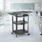 Large Steel AV Cart with Power Strip & Drop Leaves - Height Adjustable Metal Madia Cart with Wheels - Heavy Duty Rolling Computer Workstation for Laptop Projector Printer TV, Black (46" x 18")