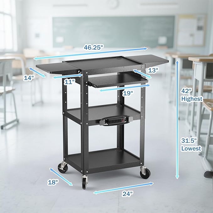 Large Steel AV Cart with Power Strip & Drop Leaves - Height Adjustable Metal Madia Cart with Wheels - Heavy Duty Rolling Computer Workstation for Laptop Projector Printer TV, Black (46" x 18")