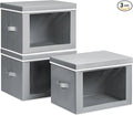 Large Storage Baskets Bins with Lids - Stackable Cube Bins for Closet, 3 Pack Grey Windows Organizer Bins, Home Organizers and Storage for Clothes, CD, Towels