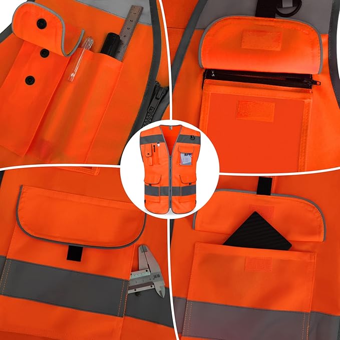 TCCFCCT Safety Vest 9 Pockets High Visibility Reflective Safety Vest for Men Women, Hi Vis Work Vest with Reinforced Sewing, Durable to Use, Meets ANSI/ISEA Standards, (Orange, 3X-Large)