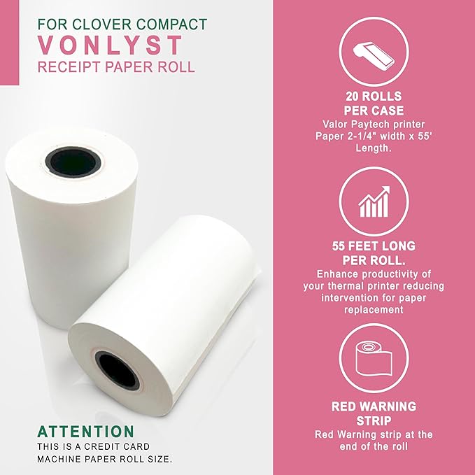 Compatible Clover Compact Countertop POS Thermal Receipt Paper 2 1/4 x 55 (20 rolls)
