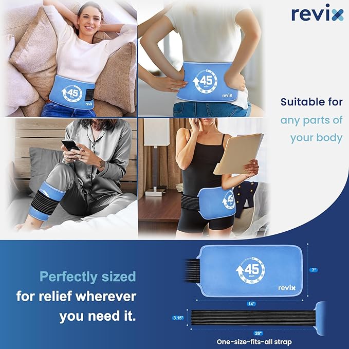 REVIX Ice Pack for Injuries Reusable, 45-Minute Long-Lasting Cold Pack for Knee, Shoulder, Back with Ice Grid Gel Design, Reusable Gel Ice Wrap, Universal Use for Elbow, Calf, Hip, Tight, 14 × 7"