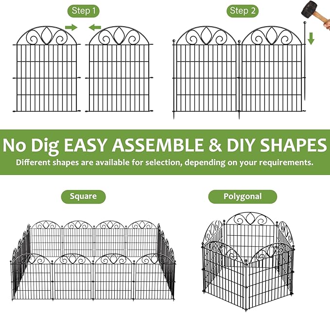5 Panels No Dig Tall Garden Fence Panel – 34" H X 11' L Rustproof Metal Dog Fence Outdoor for Yard, Decorative Animal Barrier Fence for Pet, Garden Border, Patio, Flower Beds| Temporary Fencing