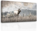ZHENGYIN Extra Wide Panoramic Elk Canvas Wall Art,Western Deer Meadow Landscape Artwork, Neutral Misty Mountain Scene, Rustic Country Wall Decor for Great Room Living Room, Over Sectional, 29x58 Inch