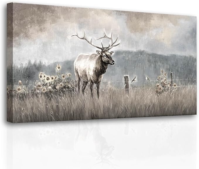 ZHENGYIN Large Bull Elk Wall Art, Deer Wildlife Canvas Print, Rustic Modern Farmhouse Wall Decor for Living Room Office, Above Sofa, 24x48 Inch