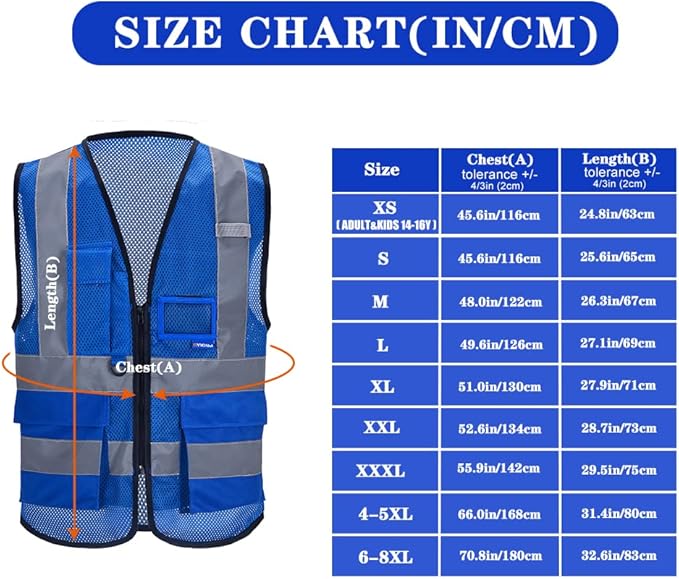 A-SAFETY High Visibility Mesh Safety Reflective Vest with Pockets and Zipper,Hi Viz Work Vest for Men Women (Blue Mesh XXXL)