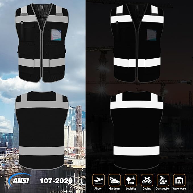 TCCFCCT Mesh Reflective Safety Vest with 5 Pockets High Visibility Vest for Men Women, Work Vest with Horizontal Strip for Walkie-talkie and ID Card, Meets ANSI/ISEA Standards, Black, 4XL