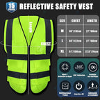 JaGely 15 Pack Reflective Safety Vests with Pockets and Zipper Construction Work High Visibility Vest for Men Women(Medium,Fluorescent Green)