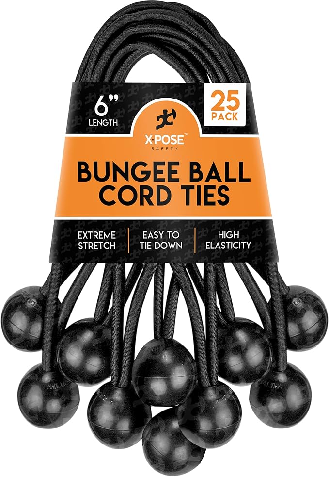 Xpose Safety Bungee Ball Cords 6" 25 Pack Heavy Duty Black Stretch Rope with Ball Ties for Canopies, Tarps, Walls, Cable Organization