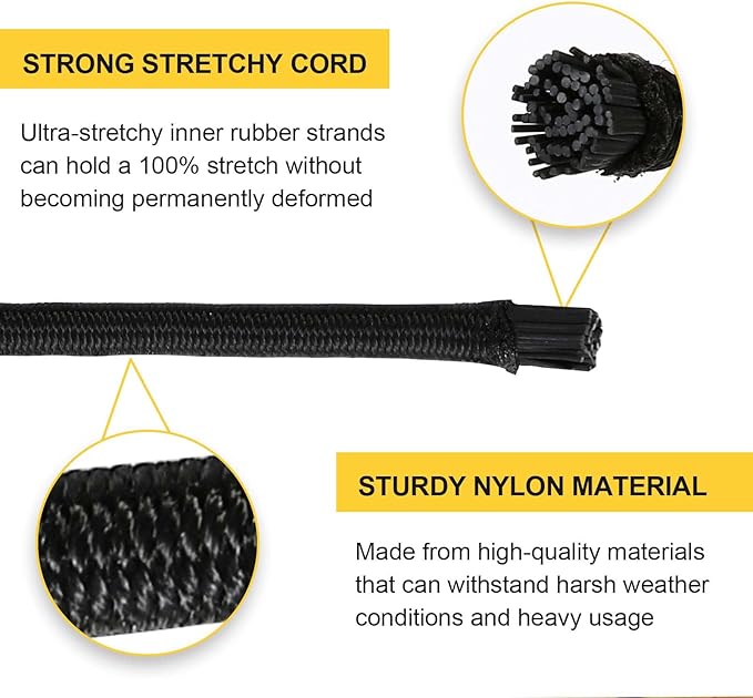 Strong and Durable Bungee Cord Roll - 3/16" x 100ft Elastic Cord, Kayak Stretch String Rope, Bungee Shock Cords for Repairing Tent Poles, DIY, Tie Downs, Black