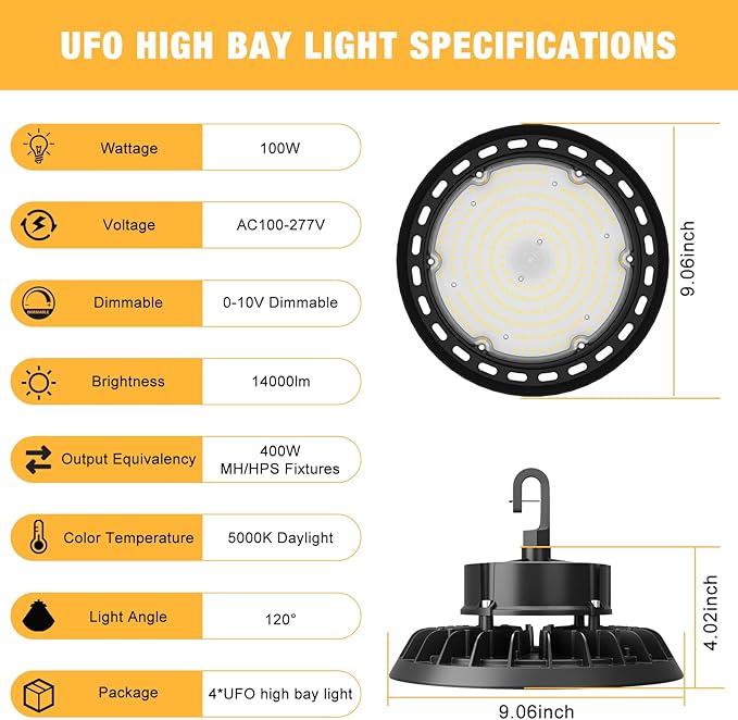 UFO LED High Bay Light 100W 8Pack, High Bay LED Shop Lights 14,000LM Dimmable, 6' Cable with US Plug, Hanging Hook, Safe Rope, High Bay LED Light for Warehouse Factory Barn Shop