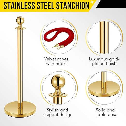 8PCS Gold Stanchion Post, 5 Ft Red Velvet Rope Stainless Steel Crowd Control Barriers Used for Theaters Parties Wedding Museums Exhibition