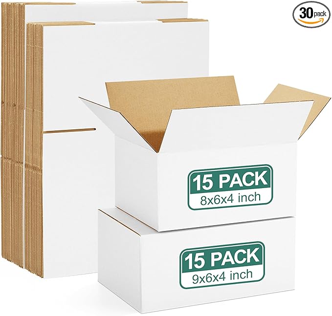 Eupako 30 Pack Small Shipping Boxes Assorted Sizes, 8x6x4 & 9x6x4 15 PCS Each Small Boxes, White Corrugated Box Mailers, Cardboard Boxes for Packaging Small Business, Mailing
