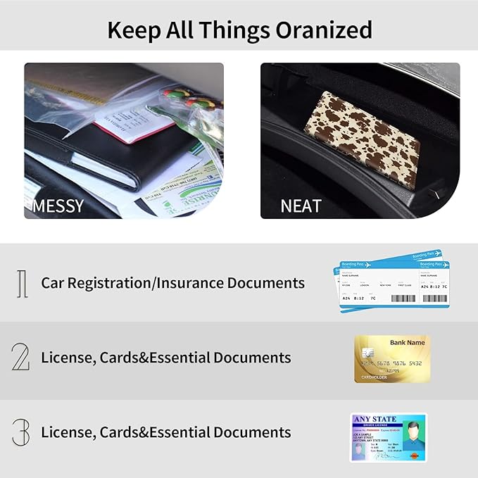 Car Registration and Insurance Card Holder,Leather Vehicle Card Document Glove Box Organizer,Paperwork Wallet Case for Driver's License,ID,Key Information Cards,Men & Women,Brown Cow Print Pattern