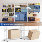 ALANNG 40" W Foldable 5-Tier Storage Shelves with Wheels, Adjustable & Removable Metal Rack, Heavy Duty Rolling Organizer for Kitchen, Garage, Closet, Pantry, and Office (White,1 Pack)