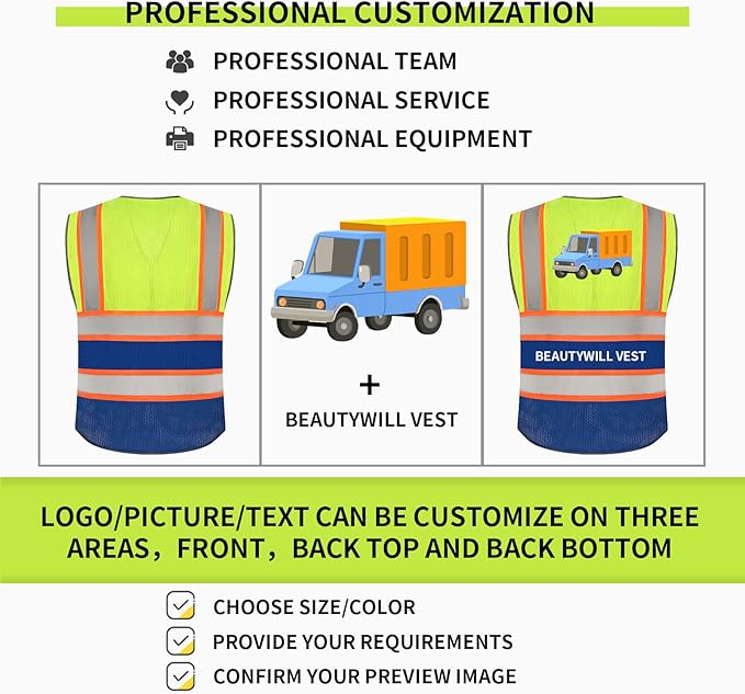 BeautyWill Custom Logo Safety Vest Class2 High Visibility Reflective Vest Breathable Construction Vest