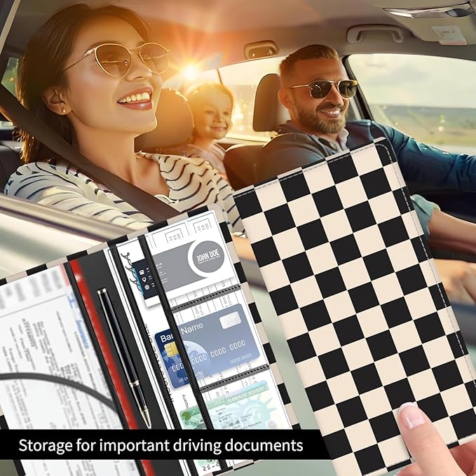 Premium Car Registration and Insurance Card Holder, Cute PU Leather Car Document Holder, Vehicle Glove Box Car Organizer with Magnetic Closure for Driver License, Cards Beige Checkerboard