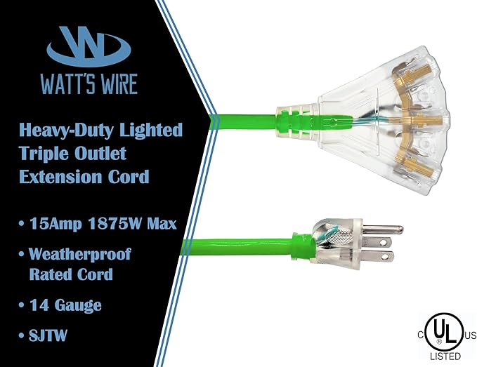 15 ft Outdoor Extension Cord Waterproof - 14 Gauge Heavy Duty Extension Cord 15 ft - Lighted Outdoor Extension Cords with Multiple Outlets - Watts Wire - 15' Grounded - extensiones electricas