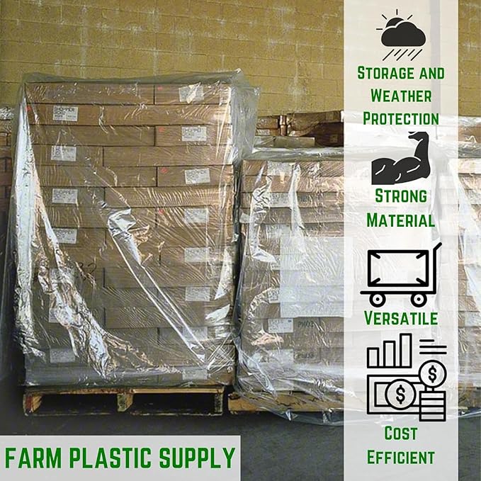 Farm Plastic Supply - Pallet Cover Bags 50 Pack - 3 Mil Clear (55" x 53" x 75") - Heavy Duty Construction Grade Strength Pallet Bags, Polyethylene Pallet Bags, Outdoor Protection, and Pallet Storage