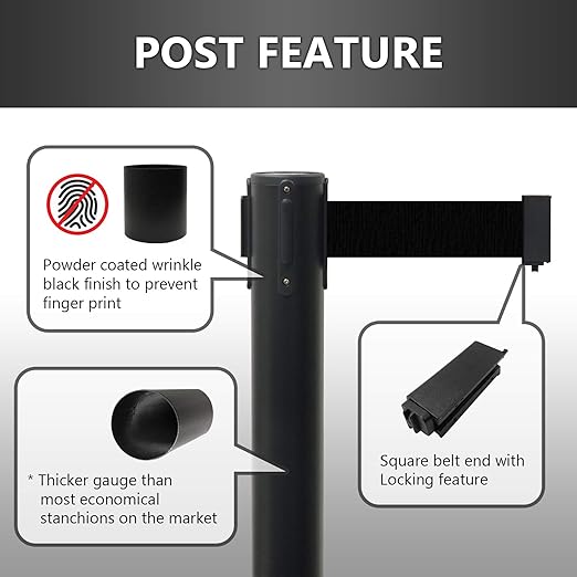 VIP Crowd Control Retractable Belt Stanchion Queue Safety Barrier Set, 36" Ht, 78" Black Belt + Wall Bracket (6 Posts+WBracket)