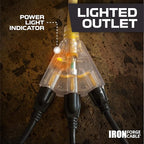 IRON FORGE CABLE 10 Foot Lighted Outdoor Extension Cord with 3 Electrical Power Outlets - 12/3 SJTW Heavy Duty Yellow Extension Cable with 3 Prong Grounded Plug for Safety, 15 AMP