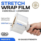 IDL Packaging F-31-8 Packaging 3" x 1000' Hand Bundling Stretch Film with Reusable Handle, Clear (Pack of 8)